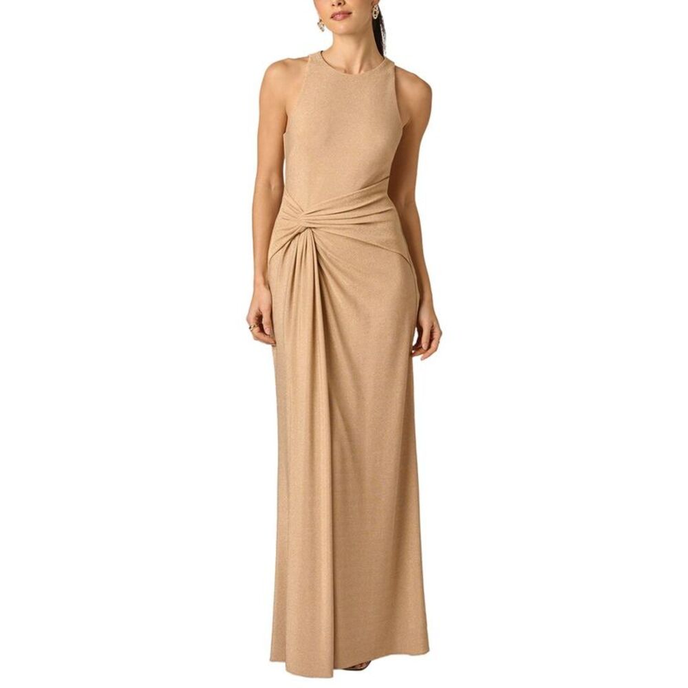 Adrianna Papell Womens Metallic Knit Long Dress, Gold